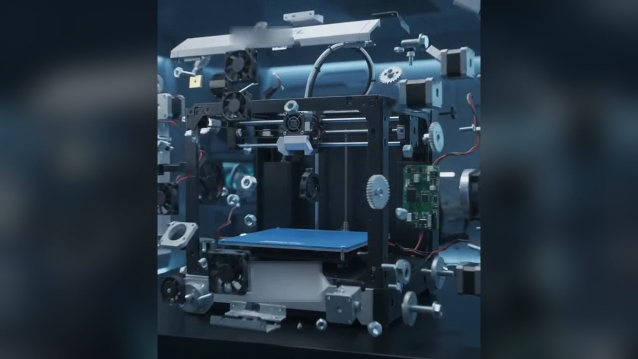 AI-generated animation of a desktop 3D printer coming apart. Scroll to take it apart.