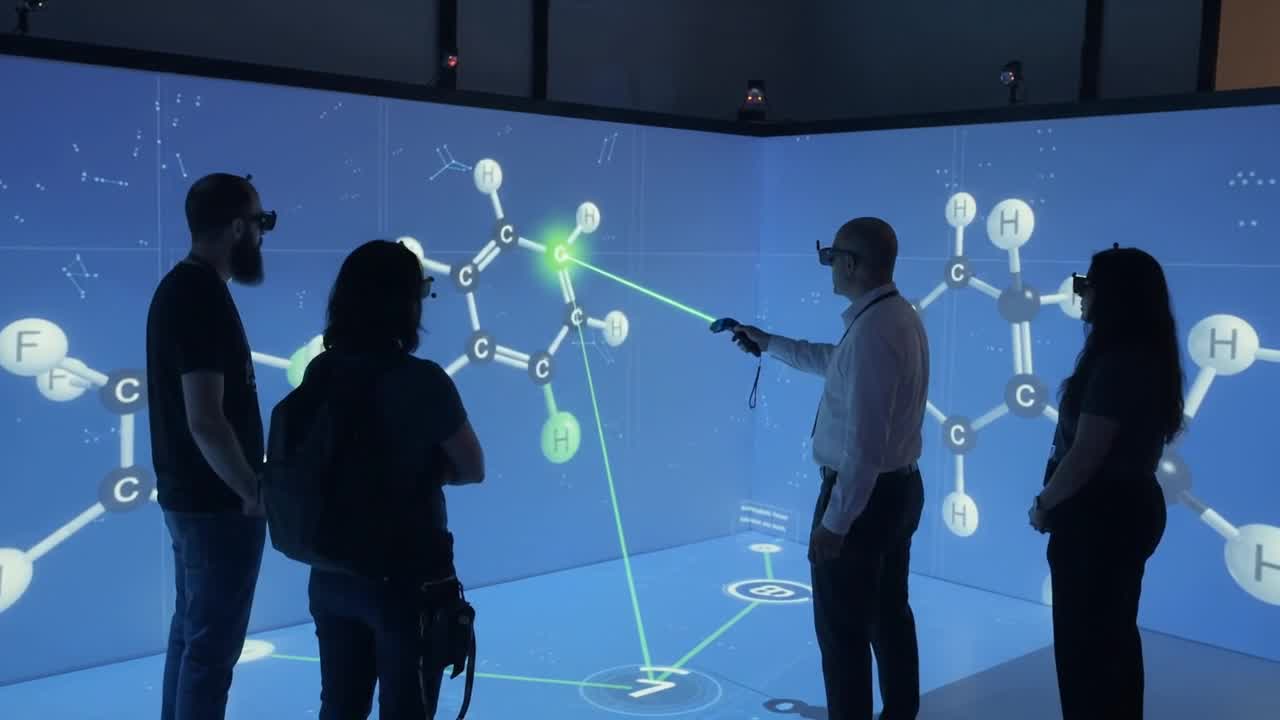 Video from the CAVE: visitors in 3D glasses explore a molecule on the walls. Scroll to play it.