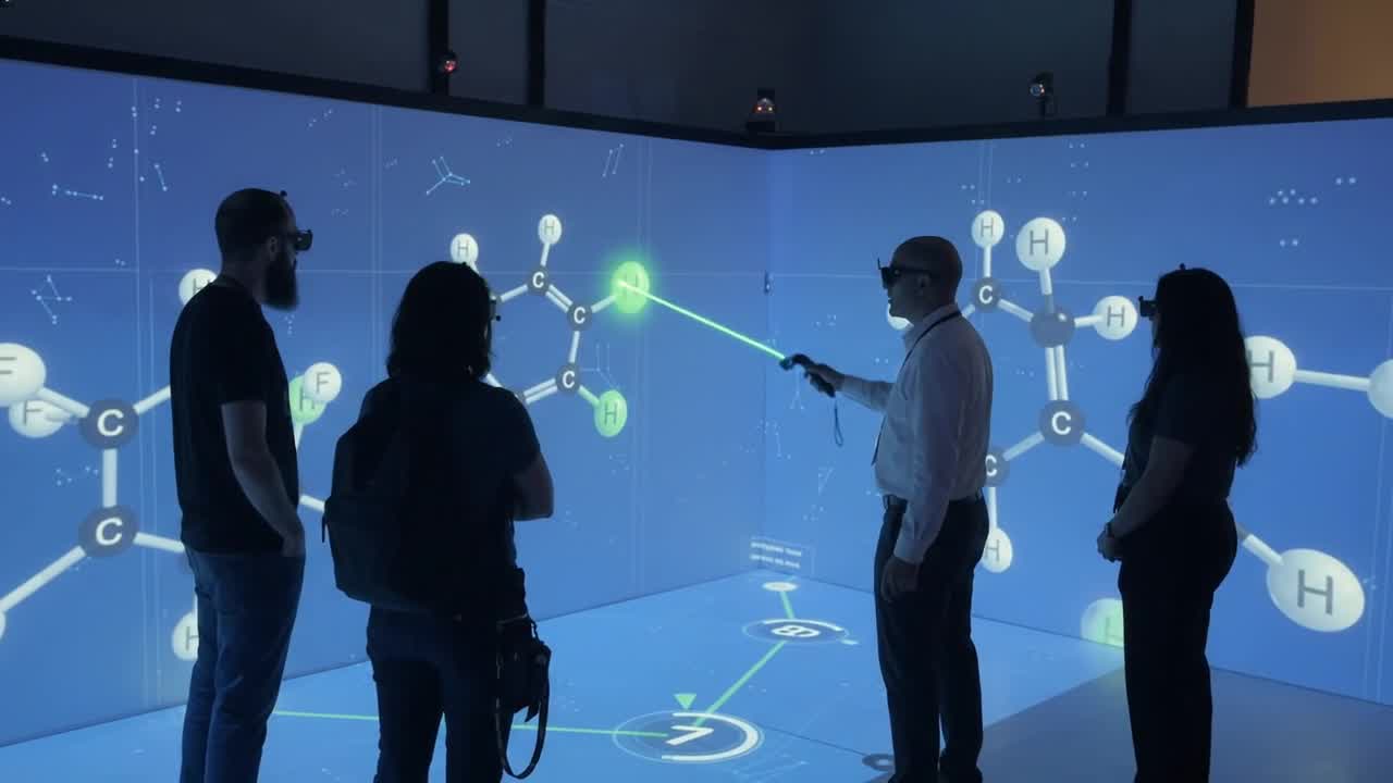 Video from the CAVE visit: visitors in 3D glasses explore a molecule on the walls and floor. Scroll to play it.