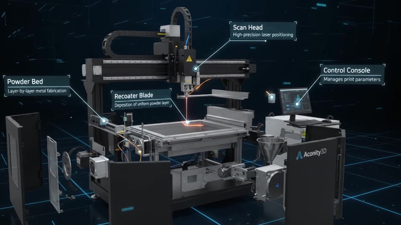 The Aconity3D opened up to show its main parts (AI-generated animation)