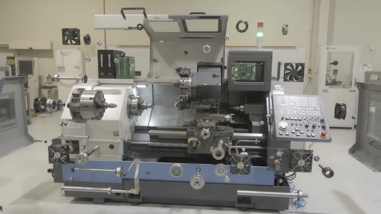 The Mazak Quick Turn 20 (QT-20) opened up to show its main parts (AI-generated animation)